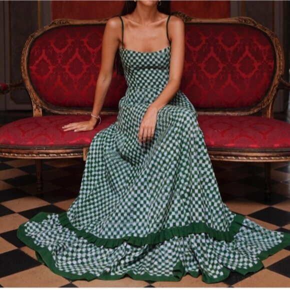 Green/White Checkmate Checkered Maxi Pleated Dress - Picture 2 of 16